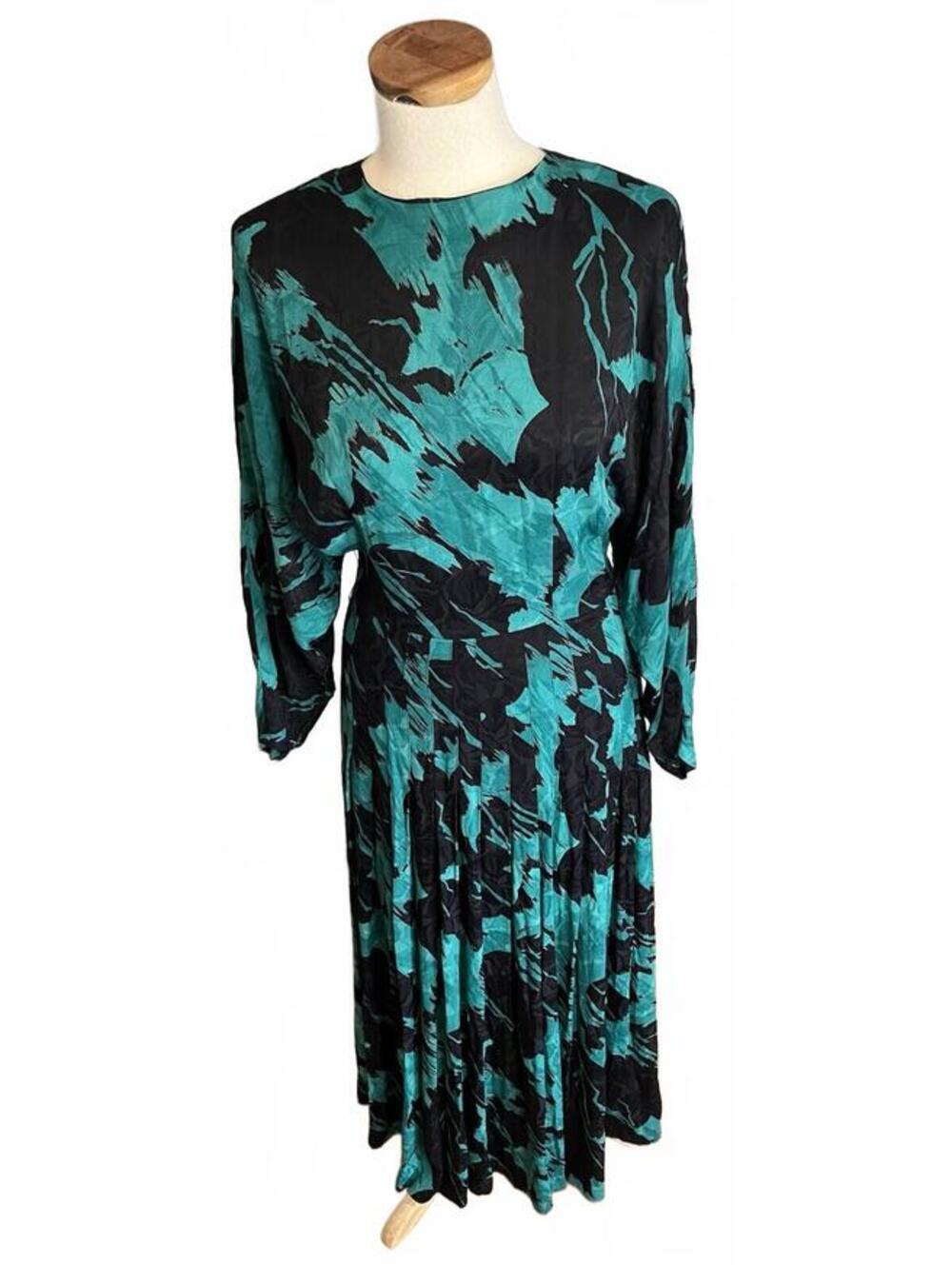 Vtg Ann Tjian Kenar 80/90sAbstract Splashes Dolman LS Rayon Teal Black Dress 10